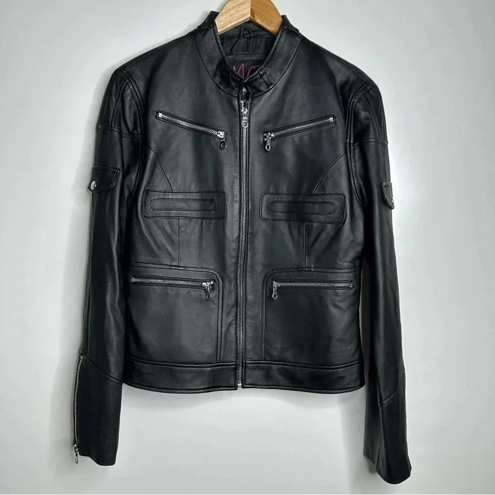 Members Only MO by Members Only Women’s Black Lambskin Moto Jacket Size Large